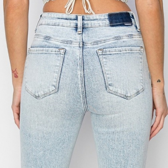 RISEN High-Rise Waist Slim Jeans Flare Hem Retro 90s Patch Pocket Denim Pants - Picture 4 of 16